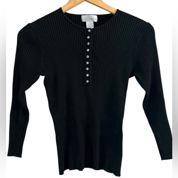 Y2K Womens Retro Spiegel Silk‎ Blend Ribbed Stretchy Henley Top Shirt Rhinestone - Picture 1 of 6